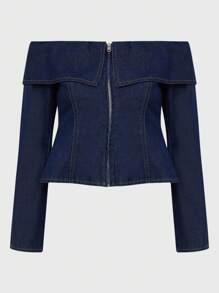 Daynim 女式休闲露肩喇叭袖时尚牛仔衬衫上衣 - 深色水洗藍 - 查看 6