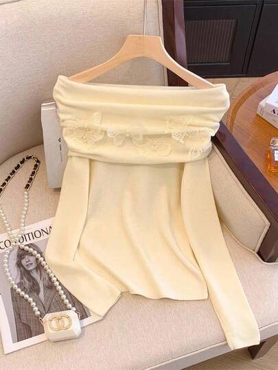 GlowEve CURVE 1 件女士加大码单肩珍珠和蝴蝶装饰长袖优雅套头衫