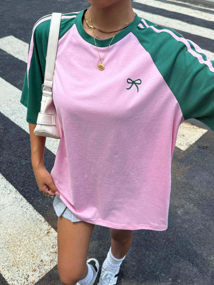 Muchica Camiseta de manga corta suelta y vintage con bloques de color para mujer