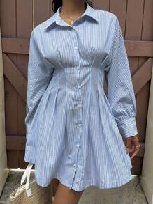 SHEIN EZwear Women's New Striped Waist Ruched Short Sleeve Dress