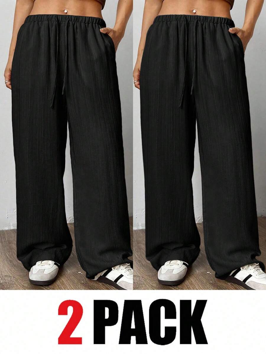SHEIN EZwear Bộ 2 quần ống rộng màu đen và nhiều màu cỡ lớn cho nữ - màu đen - Xem 1