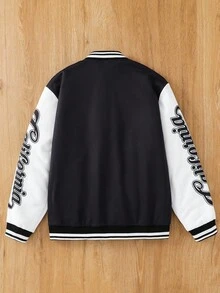 SHEIN جاكيت سميكة مفتوحة الأمام بياقة بيسبول ذات نمط حرفي إنجليزي للأولاد المراهقين، ملابس كاجوال للاستخدام اليومي