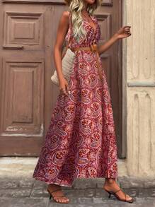 SHEIN Clasi V 领无袖佩斯利印花连衣裙长款女装 - 紅色 - 查看 4