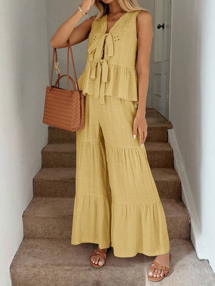 Easowa 夏季休闲度假亚麻色镂空刺绣系带无袖蝴蝶结上衣和纯色纹理超长阔腿裤，优雅的度假装，适合日常穿着，音乐节，复古风格图案衬衫，波西米亚风格 - 黃色 - 查看 1