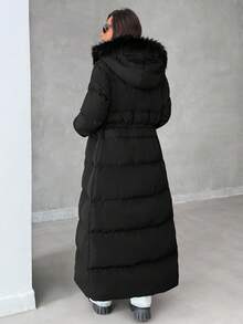 EURMUSE Women's Casual Fashionable Daily Versatile Solid Color Patchwork Faux Fur Hooded Extra Long Padded Coat, Winter