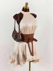 Amplova Váy ngắn thắt eo bằng vải PU chắp vá phong cách Hippie dành cho nữ, mùa hè - Màu be - Xem 4