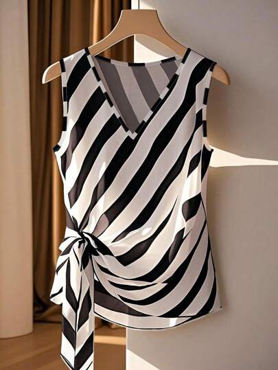 Franclia Women's Casual Striped Sleeveless V-Neck Blouse