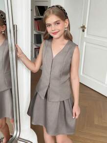 青少年女孩优雅纯色深灰色无袖西装外套和裙子两件套