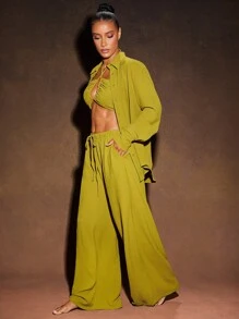 Hauture Áo sơ mi vải lanh nhăn trơn phong cách Boho mùa hè - màu xanh lá - Xem 3