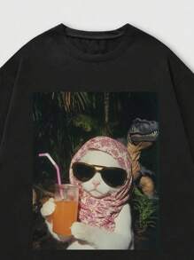 SHEIN Manfinity Dauomo 休闲时尚印花百搭夏季圆领短袖男士T恤 - 黑色 - 查看 3