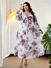 Modelyn Plus Size Elegant Floral Print Square Neck Waist Cinching Midi Dress - Multicolor - View 6