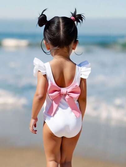 SHEIN Traje de baño de una pieza con volantes y decoración de lazo floral para niña bebé