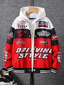 SHEIN 青少年男童休闲酷炫字母数字印花拉链厚针织夹克 - 紅色 - 查看 3