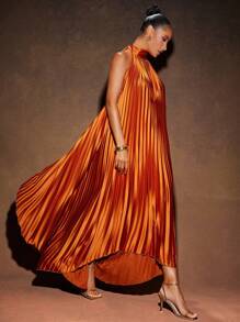 Hauture Sexy Elegant Vacation Pleated Solid High Low Backless Stand Collar Halter Maxi Dress - Brown - View 3