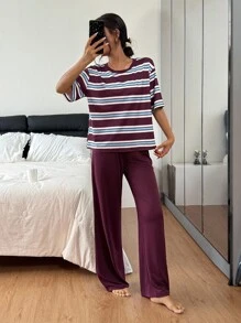 SHEIN 女士休闲彩色条纹印花圆领短袖睡衣套装女士睡衣套装女士休闲套装女士睡衣套装女士睡衣套装女士家居服套装女士睡衣套装 - 彩色 - 查看 5