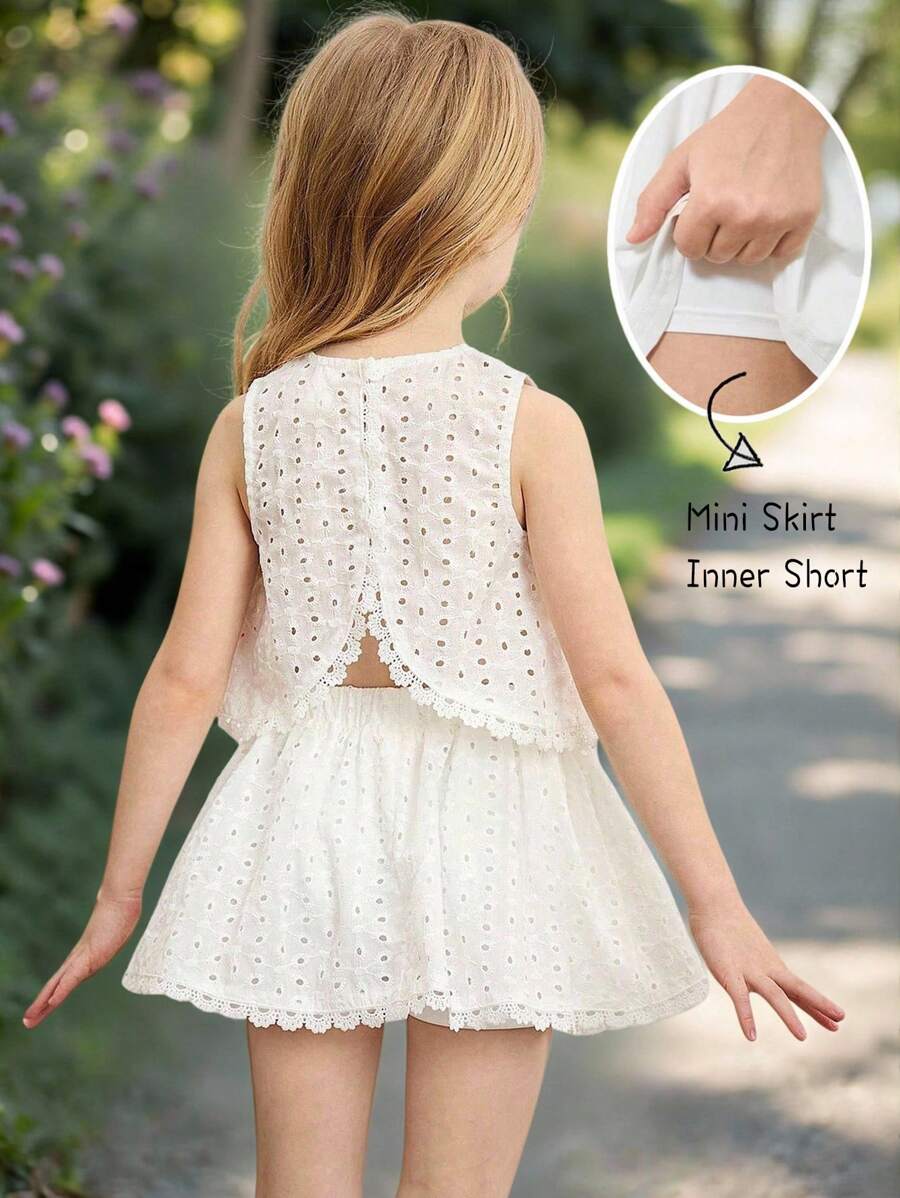 Emery Rose Kids Emery Rose Kids Young Girl Woven Embroidered Solid Color Round Neck Asymmetrical Lace Hem Casual Top And Mini Skirt 2 Pieces Set, Cute & Elegant & Sweet & Vintage & Fashionable. Mom And Daughter & Sisters Matching Style Matching, Vacation, Holidays, School Daily Wear, Home Family Gatherings And Special Occasions, Spring/Summer. Holiday Outfits - White - View 1