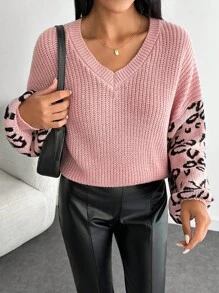 EURMUSE Petite Size Casual Rib Knit Leopard Pattern Crew Neck Women Sweater,Jumper,Cream Jumper,Jumpers,Black Jumper,Womens Jumper,White Jumper,Women's Jumper,Women's Jumpers,Winter Clothes - Multicolor - View 3