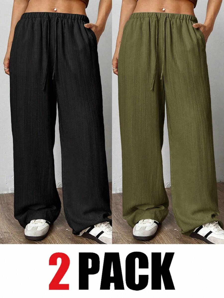 SHEIN EZwear Bộ 2 quần dài màu xanh lá cây và đen quân đội cỡ lớn - xanh quân đội - Xem 1