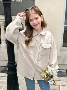 SHEIN 青少年女孩米色燈芯絨翻蓋口袋落肩長袖外套 秋冬休閒街頭風日常穿著夾克 鈕扣開襟襯衫版型 大廓形 - 杏色 - 查看 10