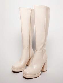 SHUZIA Botas altas hasta la rodilla con plataforma, punta cuadrada, cómodas y glamorosas para mujer, con cremallera interior - Beis - Ver 5