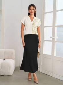 Ellevyn Elegante Damen Bluse in Unifarbe mit Patchwork, Pailletten und Stickerei, hochwertig, geeignet für den täglichen Gebrauch bei verschiedenen Anlässen, süße Flughafen-Damenshirts