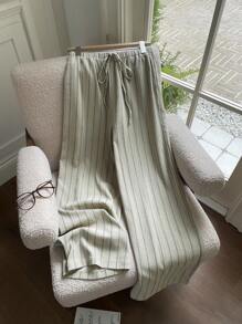 Comfortcana 绿色梭织条纹休闲度假阔腿裤 - 綠色 - 查看 4