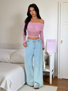 SHEIN EZwear 女式新款露肩喇叭袖闪光网眼衬衫 - 淺粉色 - 查看 5