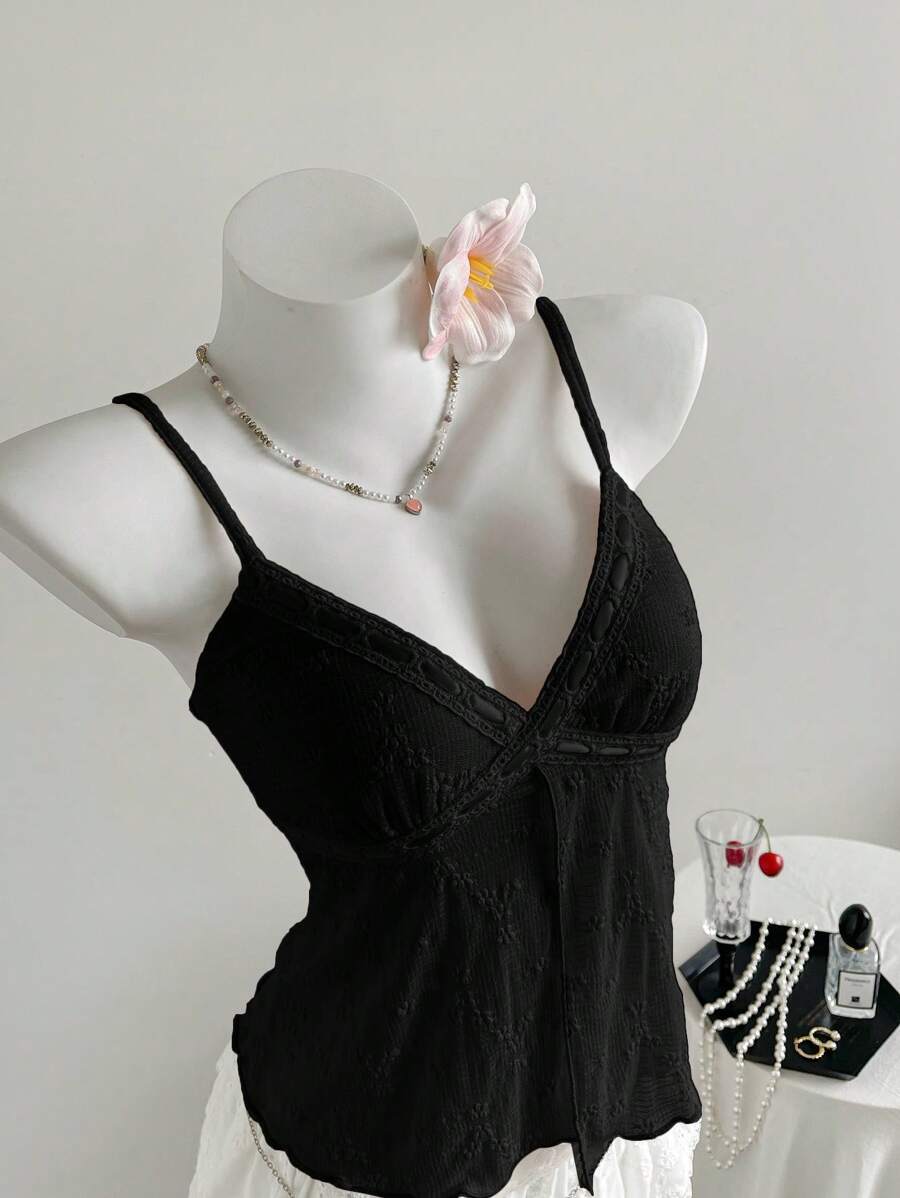 Comfortcana 女士优雅浪漫黑色刺绣吊带背心 - 黑色 - 查看 1