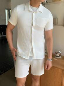 SHEIN 2pcs Teen Boys' Casual Comfy Knit Texture Short Sleeve Shirt & Shorts Set, Spring Wear - White - View 7