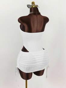 Amplova Plus Size Women Bandeau Bodysuit With Drawstring & High Waist Mini Skirt 2 Pieces Set - White - View 8