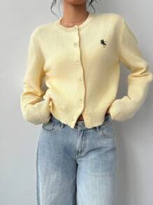 SHEIN BASICS 女士休闲圆领长袖针织开衫，适合秋冬，奶油黄色，小标志刺绣