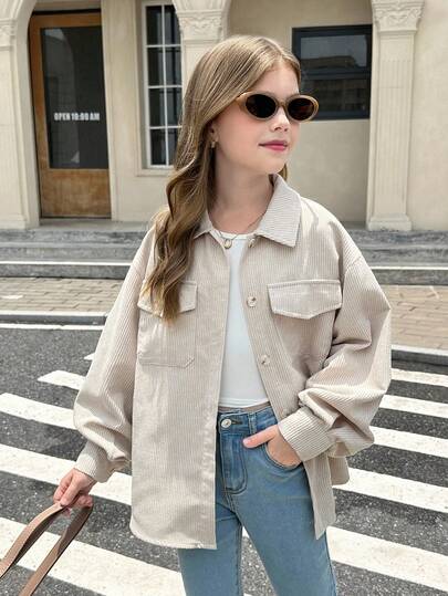 SHEIN Serisse Kids Tween Girl Beige Corduroy Flap Pocket Drop Shoulder Long Sleeve Coat, For Autumn Winter Casual Daily Wear Girls Corduroy Jacket Corduroy Button Up Shirt Corduroy Shirt Jacket Girls Corduroy Shirt Girls Oversized Shirt Girls Beige Shirt Girls Button Up Shirt Girl Button Up Shirt Fall