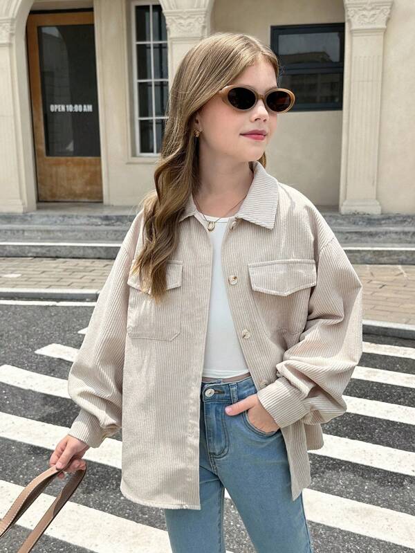 SHEIN Serisse Kids Tween Girl Beige Corduroy Flap Pocket Drop Shoulder Long Sleeve Coat, For Autumn Winter Casual Daily Wear Girls Corduroy Jacket Corduroy Button Up Shirt Corduroy Shirt Jacket Girls Corduroy Shirt Girls Oversized Shirt Girls Beige Shirt Girls Button Up Shirt Girl Button Up Shirt Fall