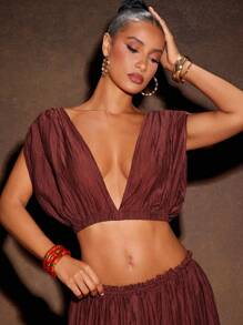 Hauture Women's Summer Vacay Deep V Neck Low Back Linen Top - Brown - View 1