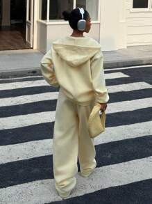 SHEIN EZwear 女士奶油黄色休闲宽松运动衫套装，秋季新品 - 黃色 - 查看 2