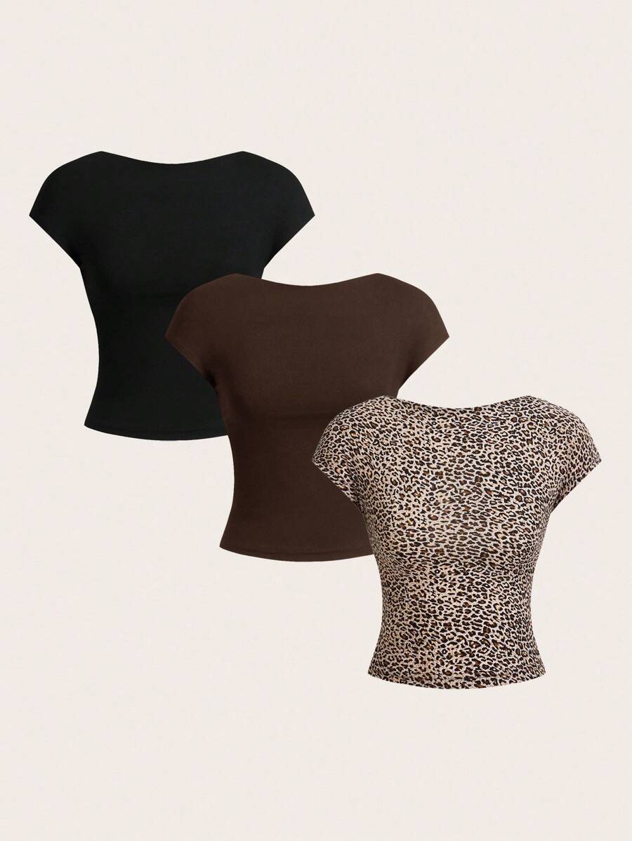 SHEIN EZwear 3pcs Casual Leopard Print Cropped Backless T-Shirts, Suitable For Summer - Multicolor - View 1