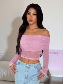 SHEIN EZwear 女式新款露肩喇叭袖闪光网眼衬衫 - 淺粉色 - 查看 6