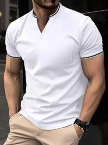 Manfinity Homme 男士休閒口袋通勤條紋短袖 Polo 衫，黑白配色拼接夏季度假上衣 - 白色 - 查看 1