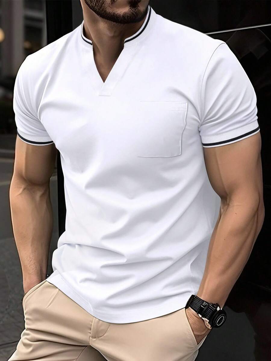 Manfinity Homme 男士休閒口袋通勤條紋短袖 Polo 衫,黑白配色拼接夏季度假上衣 - 白色 - 查看 1