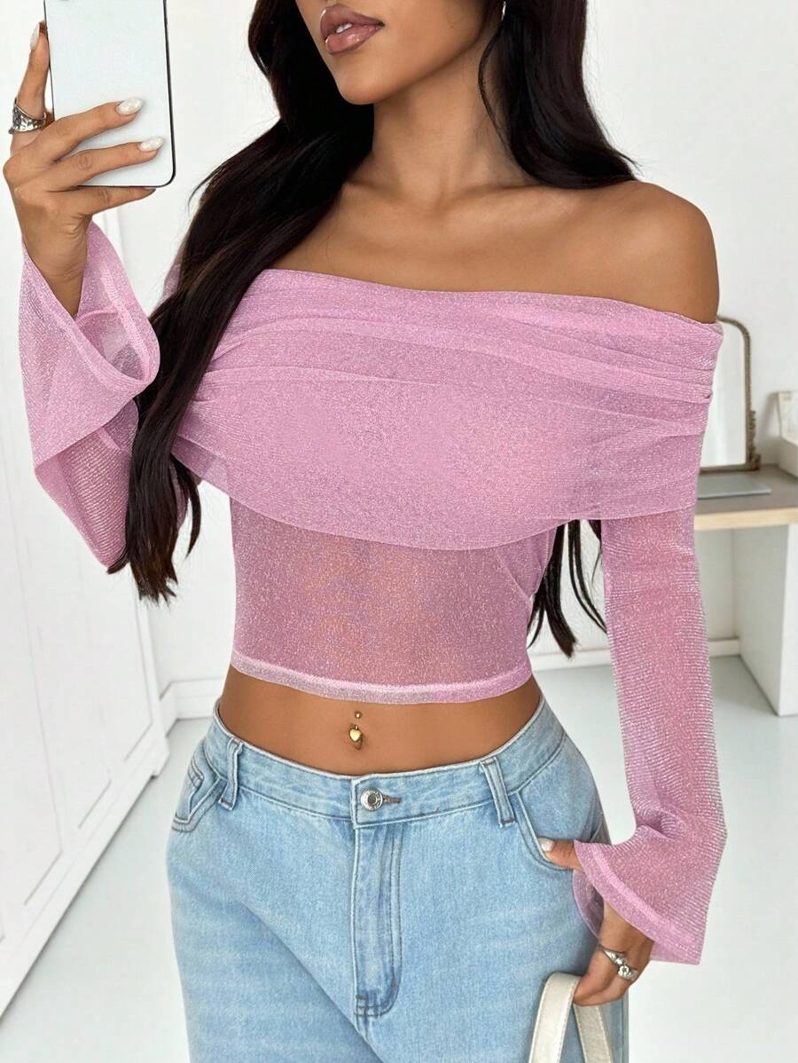 SHEIN EZwear 女式新款露肩喇叭袖闪光网眼衬衫 - 淺粉色 - 查看 1