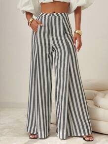 Vixey 女士休闲条纹宽松阔腿裤，斜口袋，商务休闲，办公室 - 黑與白 - 查看 1