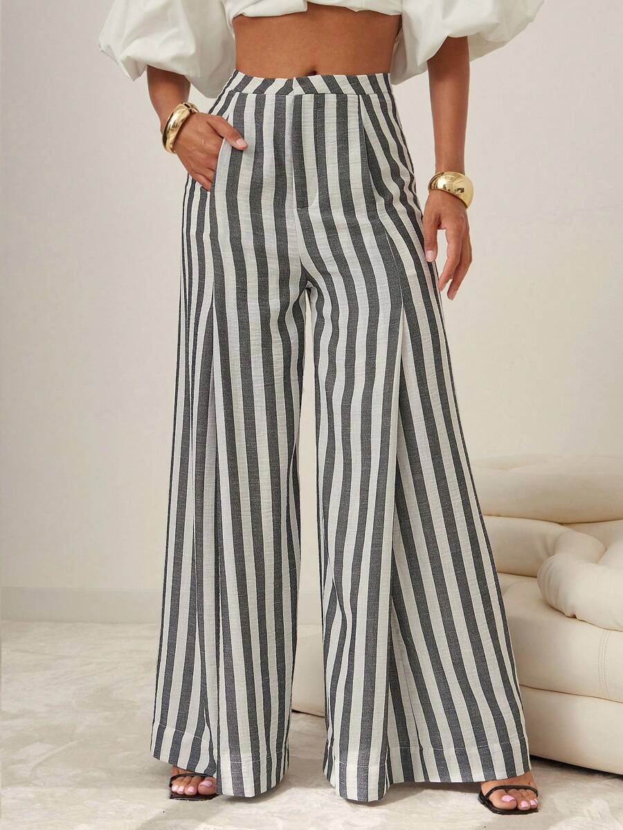 Vixey 女士休闲条纹宽松阔腿裤，斜口袋，商务休闲，办公室 - 黑與白 - 查看 1