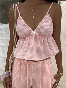 Sunnyshic Áo ba lỗ cổ chữ V vải kẻ caro màu hồng và trắng có nơ trang trí, cạp cao hở lưng, viền xếp nếp, thanh lịch và tinh tế cho kỳ nghỉ, bãi biển, đi làm, thường ngày, hẹn hò, mùa xuân, mùa hè, mùa thu - Hồng - Xem 4