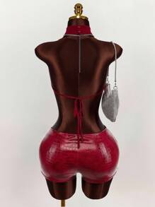 Amplova 网眼深垂领露背 PU 拼接紧身连衣裤 - 紅色 - 查看 7