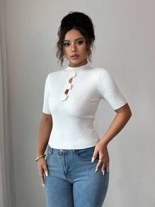 Rafferiza Fitted 3D Floral High Neck Flared Sleeve Knit Top White Knit Top White Top Women - Beige - View 5