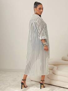 Vixey 透明条纹雪纺纽扣长款衬衫裙 - 黑與白 - 查看 2