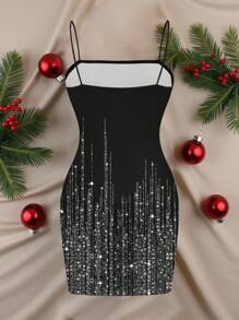 SHEIN EZwear Women Casual Minimalist Faux Sequin Metallic Foil Effect Fringe Placement Print Spaghetti Strap Summer Holiday Dress, For New Year Chic Dress