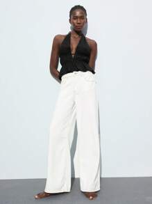 Maija Casual Fashionable Versatile Solid Color Sexy Ruched Decor Halter Deep V Backless Off Shoulder Blouse, Suitable For Business, Leisure, Beach, Bohemian Style Black Halter Top Deep V Neck Halter Top Backless Halter Top,Autumn Outfits For Women - Black - View 2