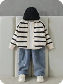 SHEIN 1 pièce Cardigan rayé à manches longues style coréen décontracté pour jeunes garçons, convient pour l'école, les vacances, les saisons d'automne et d'hiver