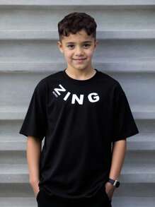 SHEIN Tween Boys' Colorblock Letter Streetwear Print Black Short Sleeve T-Shirt,Casual Sporty Comfortable Soft Fabric,Suitable For School,Travel,Summer - Black - View 1